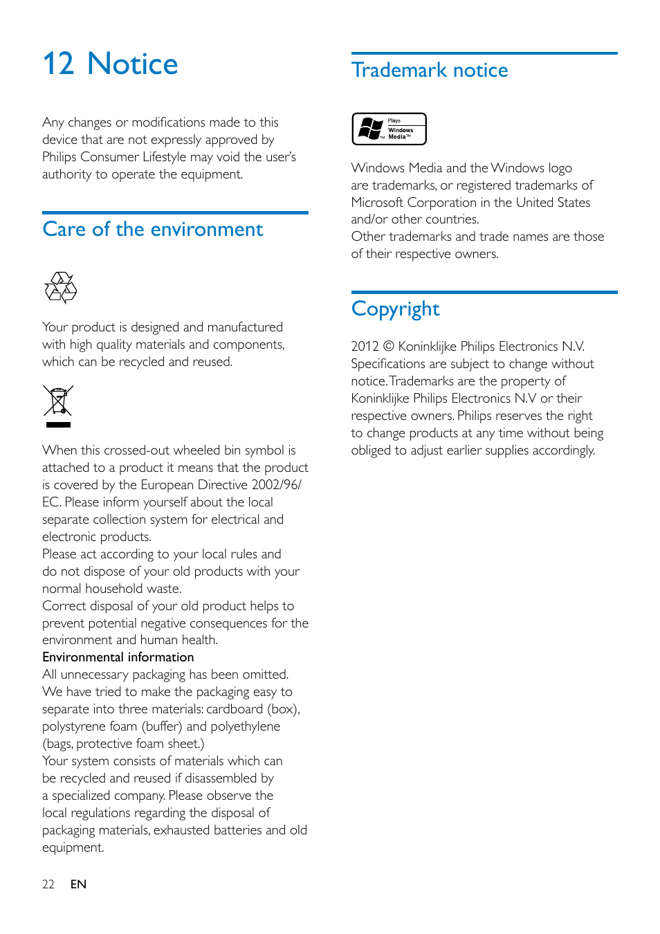 12 notice, Care of the environment, Trademark notice | Copyright 22, Copyright | Philips CE132 User Manual | Page 24 / 26