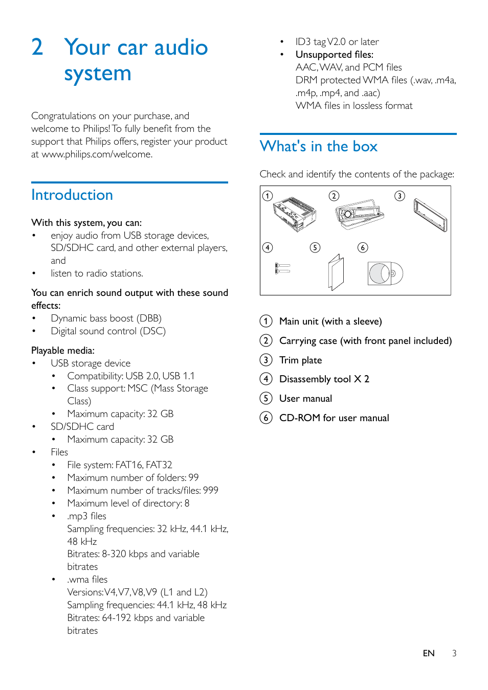 2 your car audio system, Introduction 3, What's in the box | Introduction | Philips CE132 User Manual | Page 5 / 26