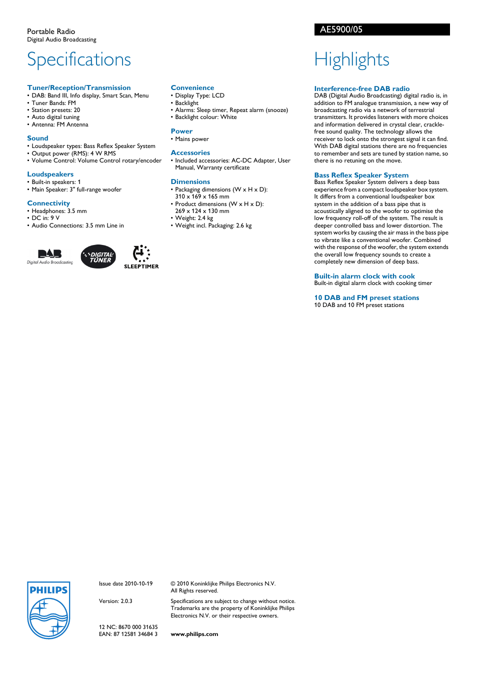 Specifications, Highlights | Philips AE5900/05 User Manual | Page 2 / 2