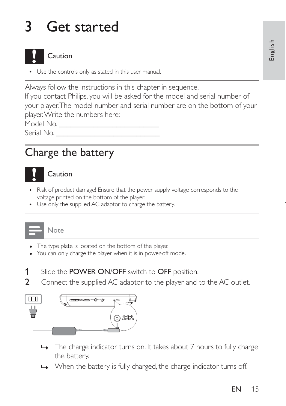 3get started, Charge the battery | Philips PET941D User Manual | Page 15 / 23