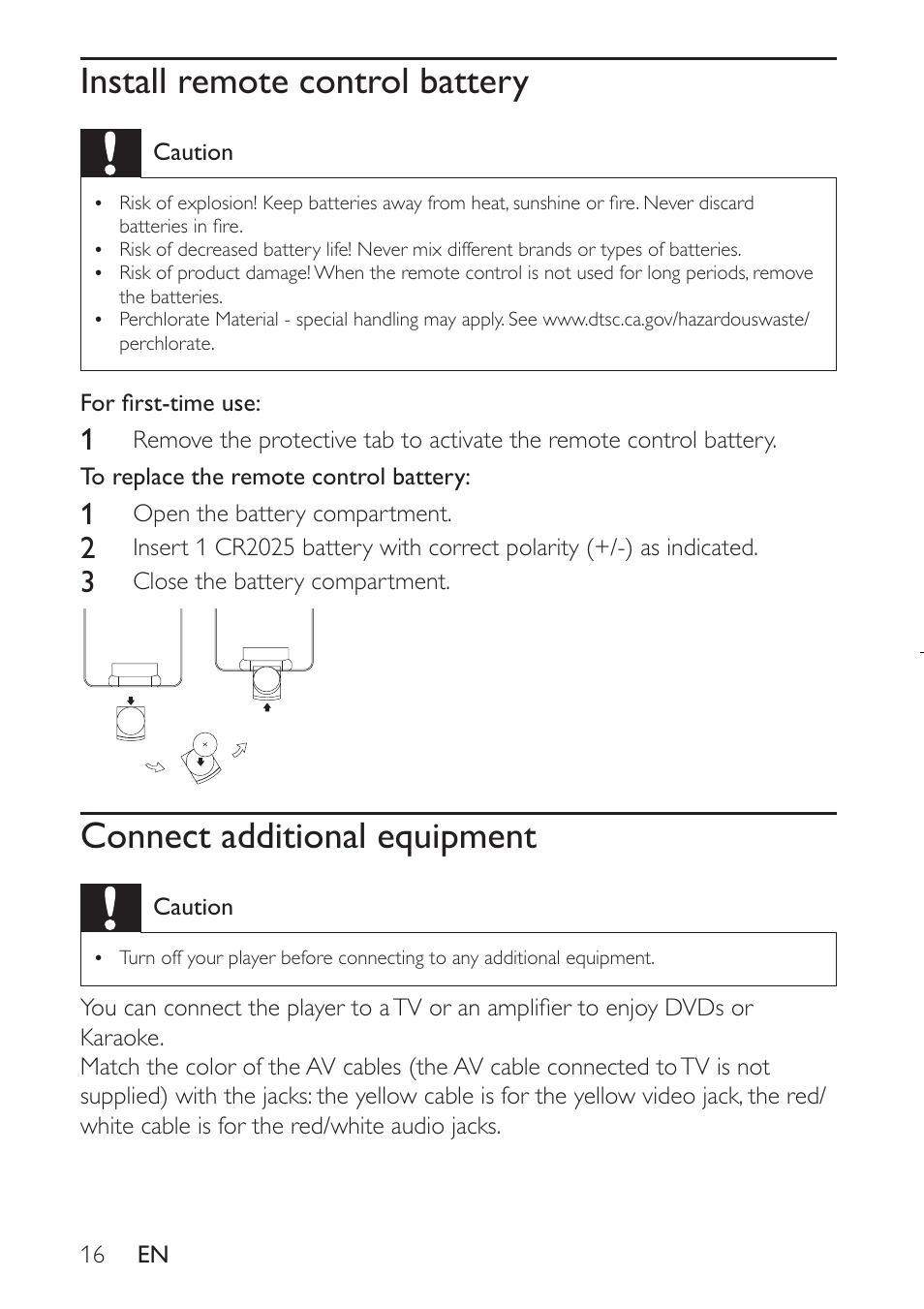 Install remote control battery, Connect additional equipment | Philips PET941D User Manual | Page 16 / 23