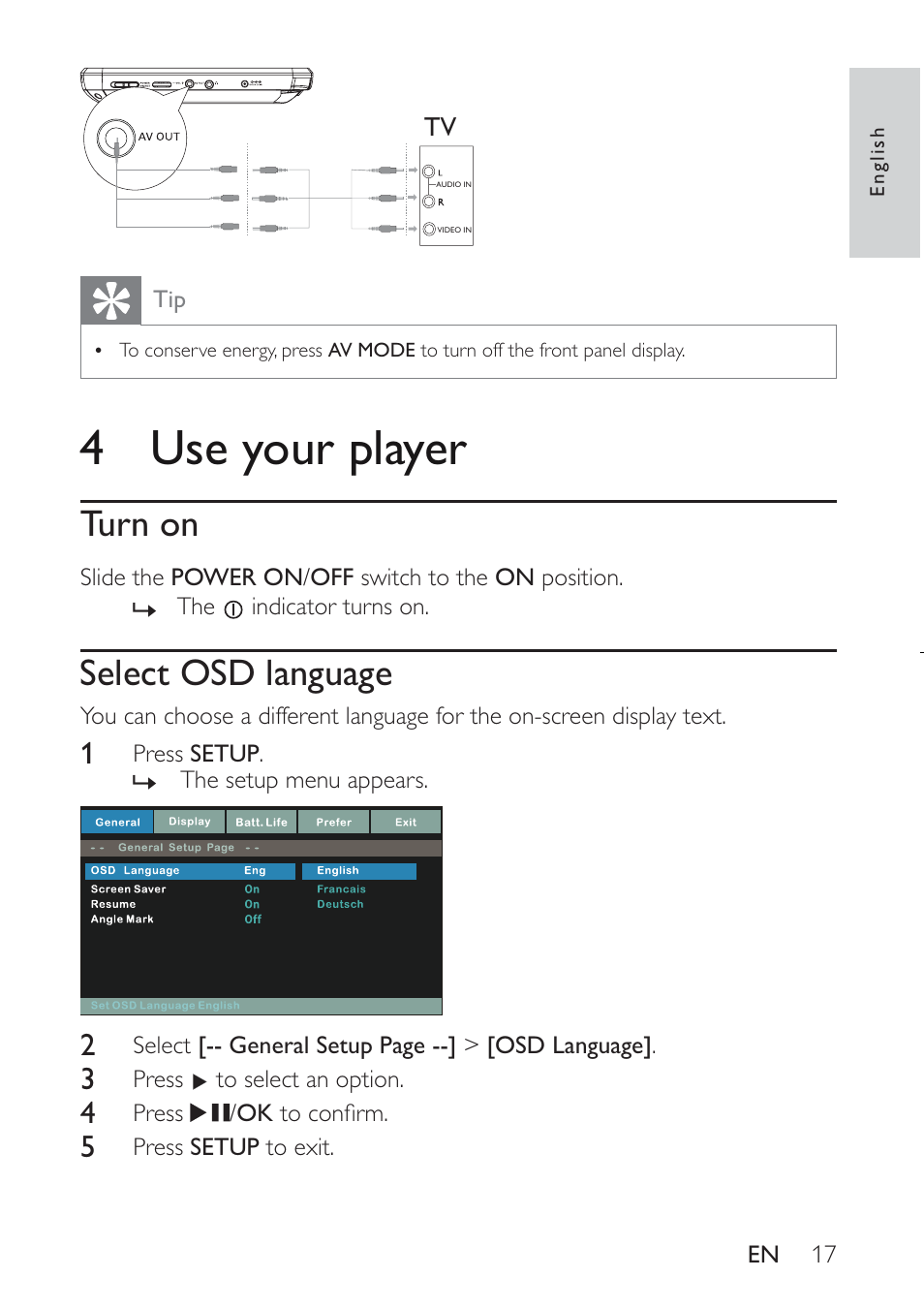 4use your player, Turn on, 6hohfw26'odqjxdjh | Philips PET941D User Manual | Page 17 / 23
