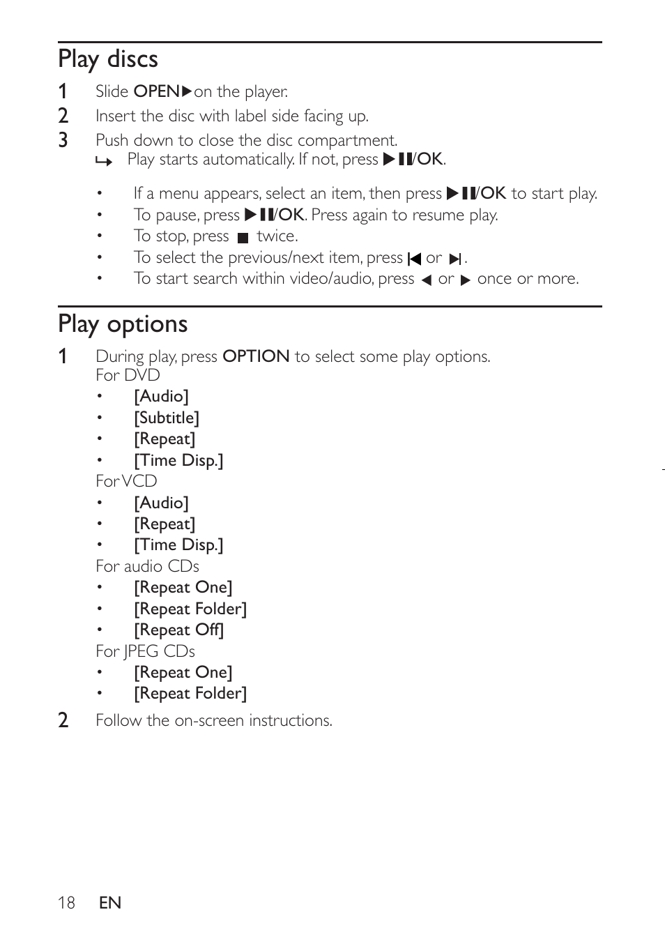 Play discs, Play options | Philips PET941D User Manual | Page 18 / 23