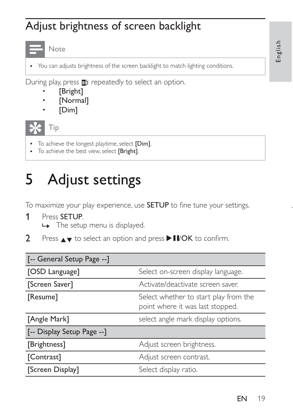 5adjust settings, Adjust brightness of screen backlight | Philips PET941D User Manual | Page 19 / 23