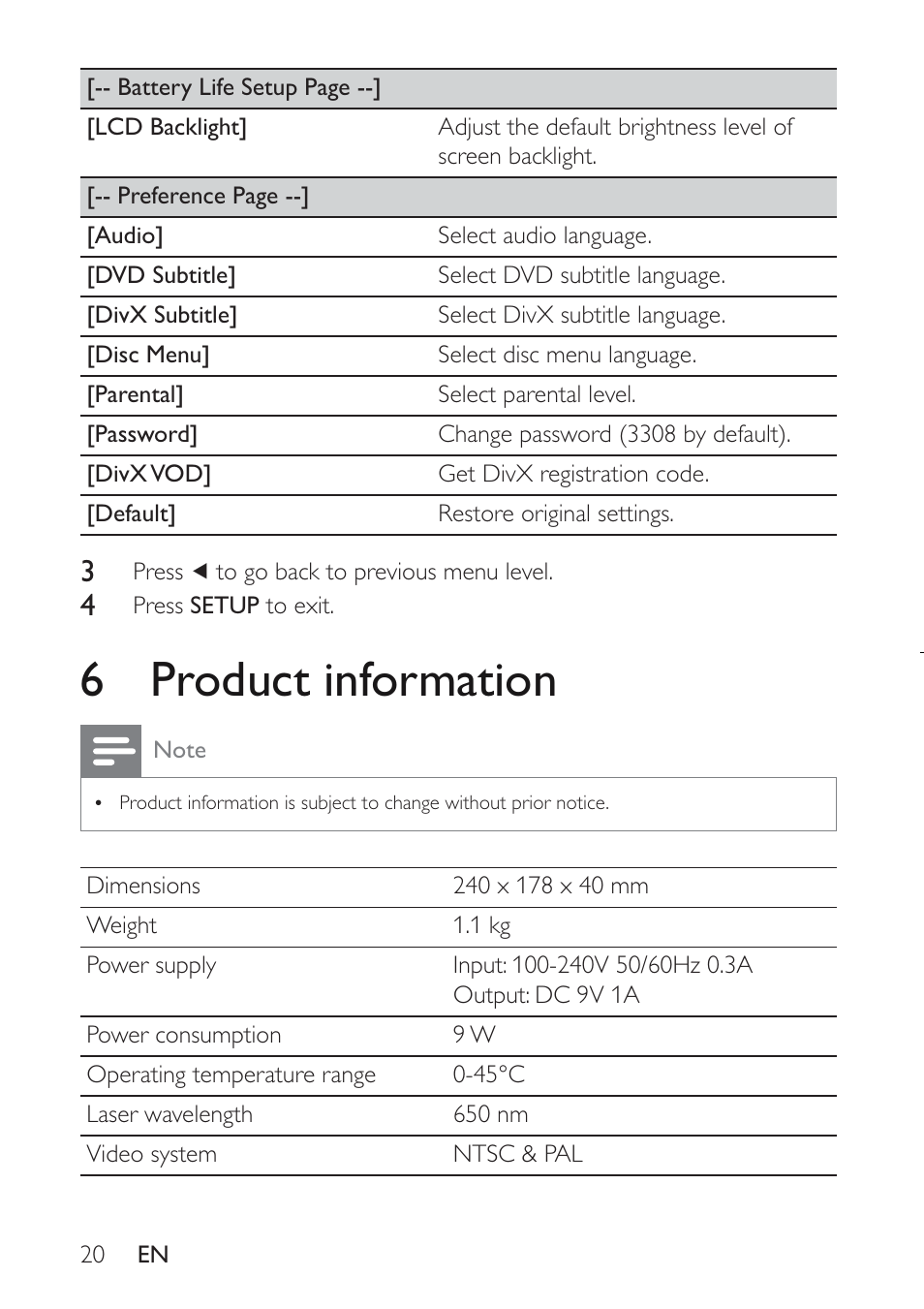 6product information | Philips PET941D User Manual | Page 20 / 23