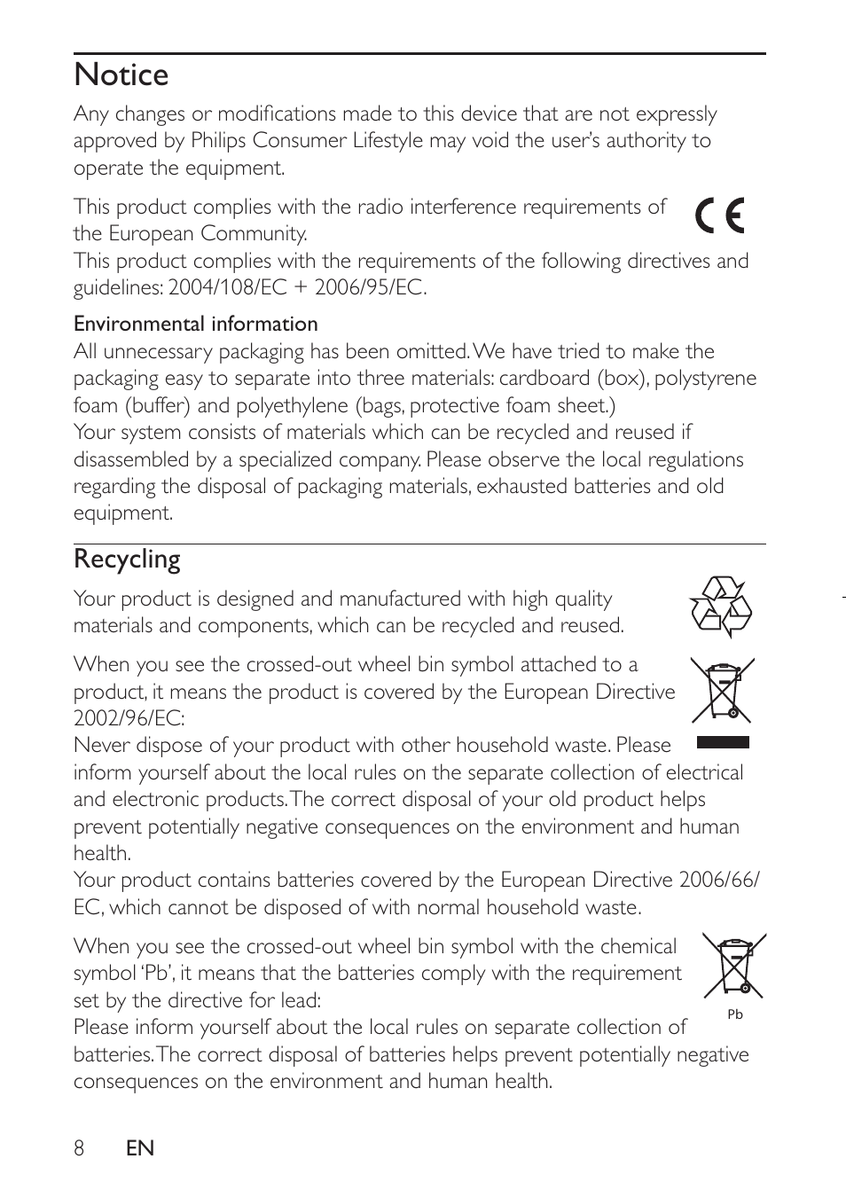 Notice, Recycling | Philips PET941D User Manual | Page 8 / 23