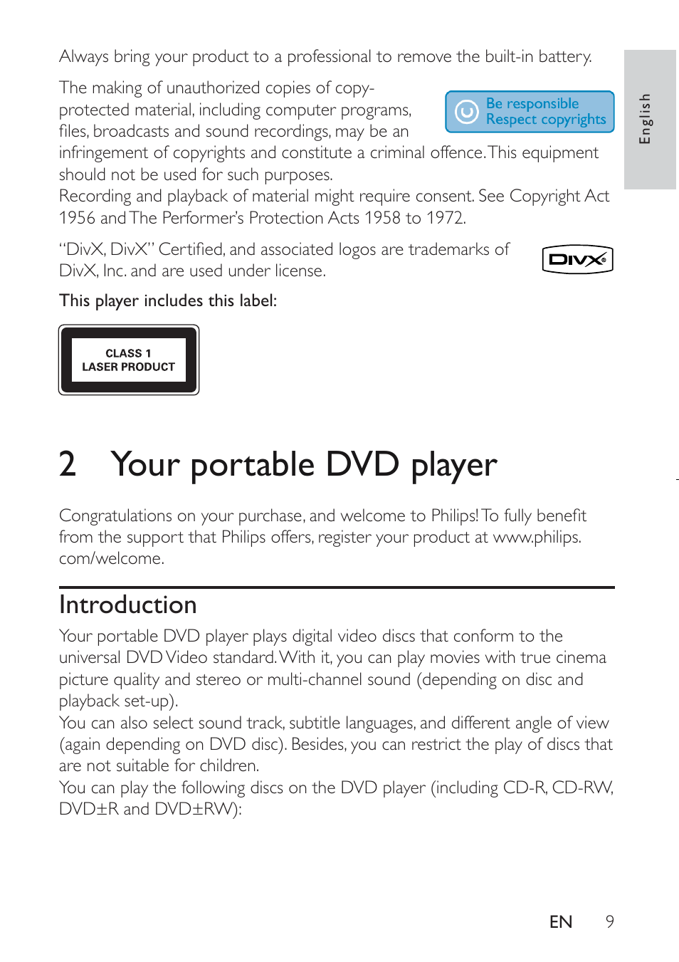 2your portable dvd player, Introduction | Philips PET941D User Manual | Page 9 / 23