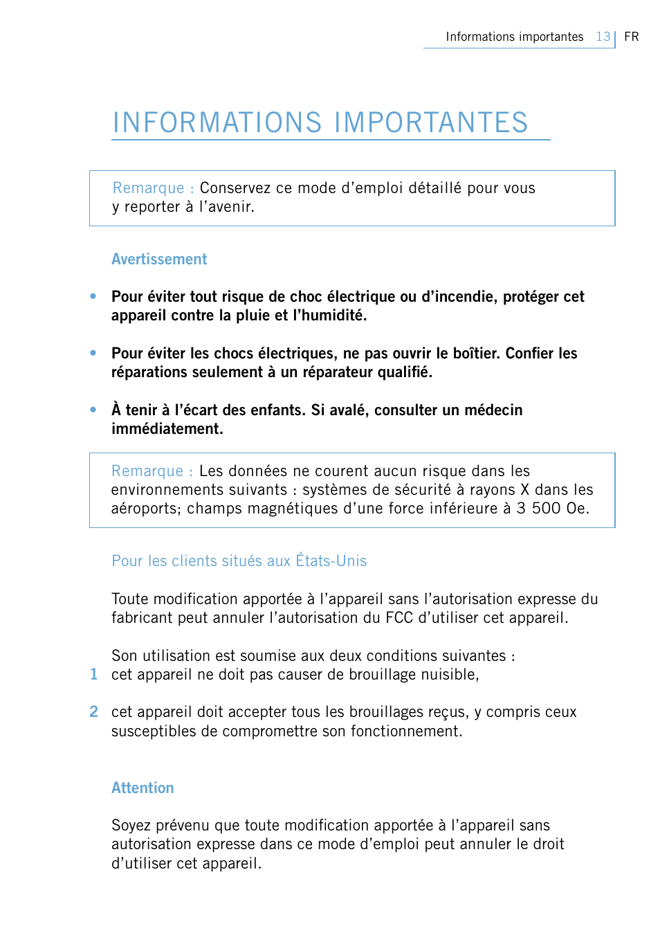 Informations importantes | Philips FM02SW00 User Manual | Page 15 / 104