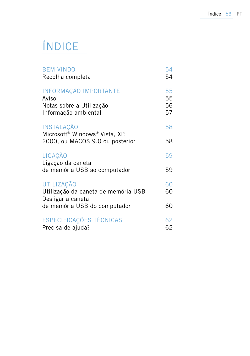 Manual de utilização, Índice | Philips FM02SW00 User Manual | Page 55 / 104