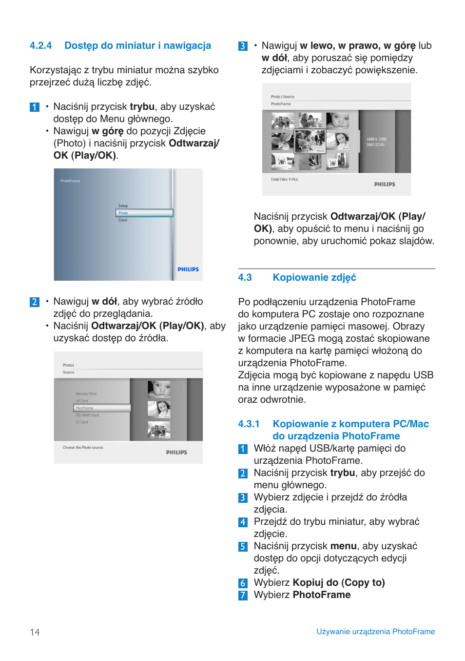 Dostęp.do.miniatur.i.nawigacja, Kopiowanie.zdjęć, Kopiowanie.z.komputera.pc/mac...do | Philips 8FF3FP  PL User Manual | Page 16 / 43