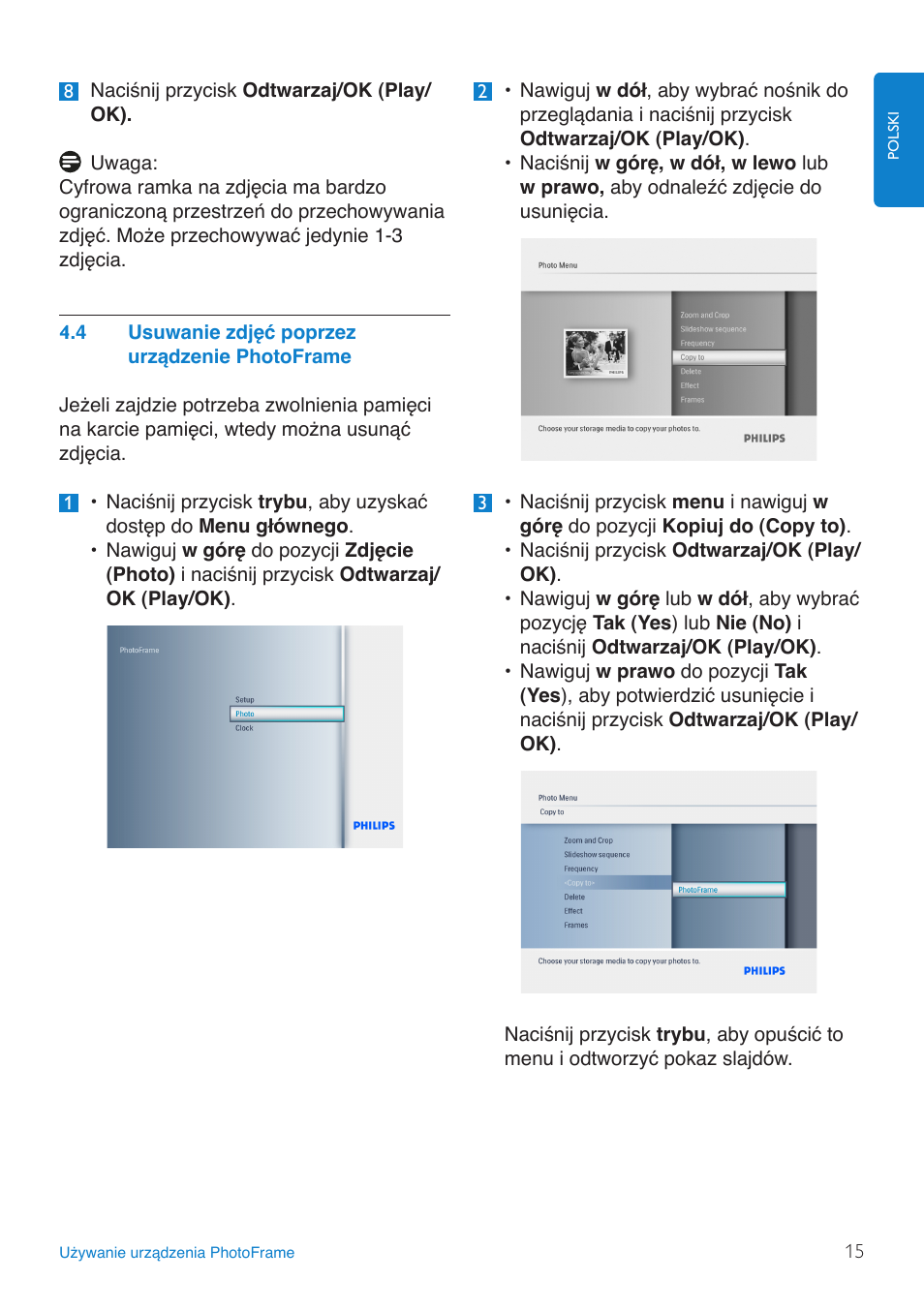 Usuwanie.zdjęć.poprzez....urządzenie | Philips 8FF3FP  PL User Manual | Page 17 / 43