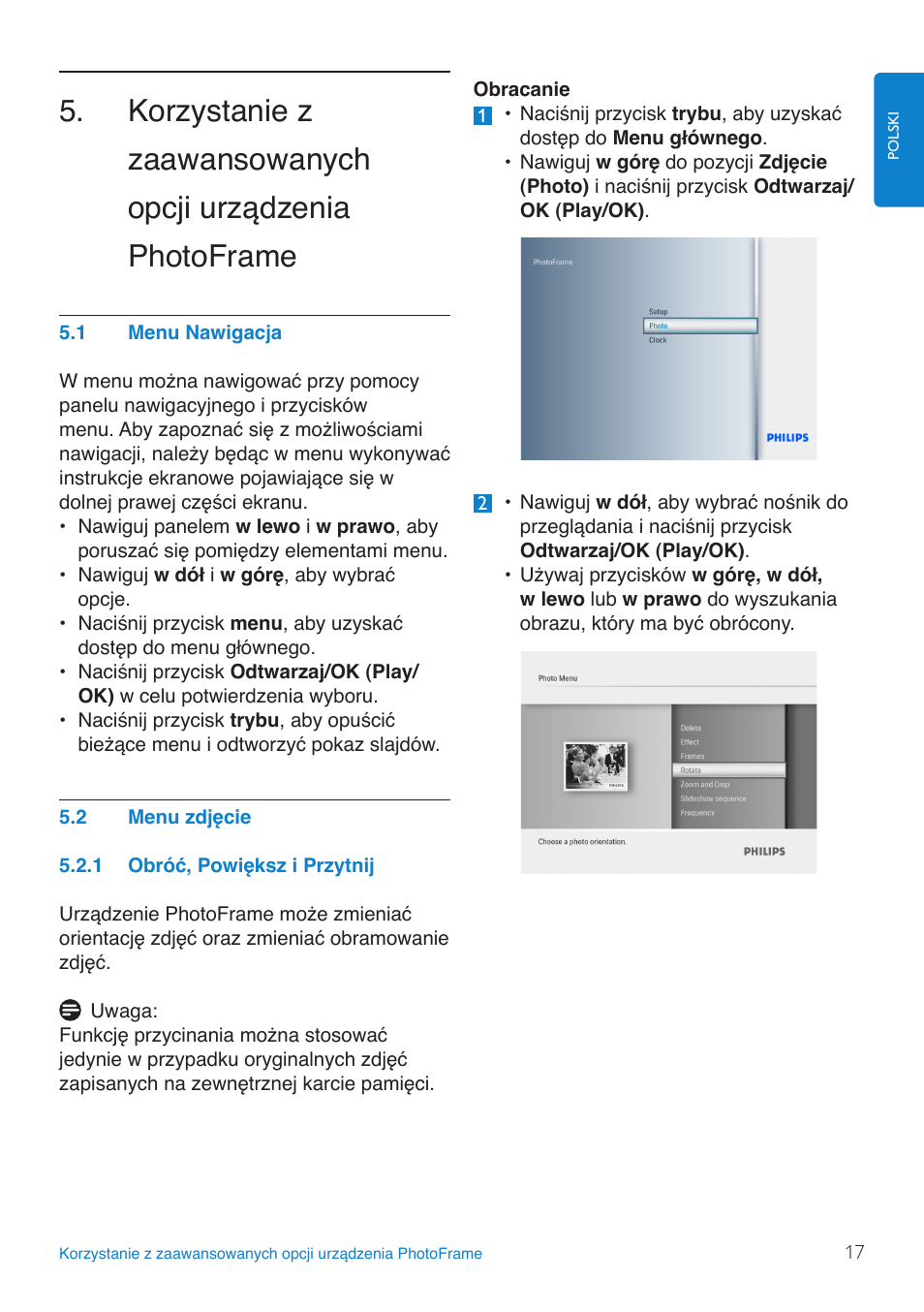 Korzystanie z zaawansowanych opc, Menu.nawigacja, Menu.zdjęcie | Obróć,.powiększ.i.przytnij | Philips 8FF3FP  PL User Manual | Page 19 / 43