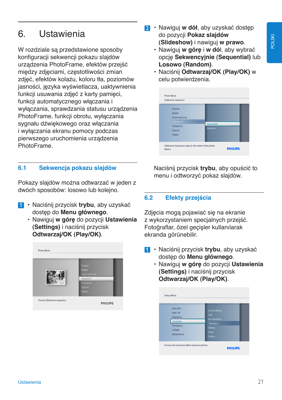 Ustawienia, Sekwencja.pokazu.slajdów, Efekty.przejścia | Philips 8FF3FP  PL User Manual | Page 23 / 43