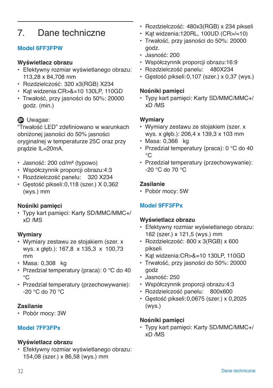 Dane techniczne | Philips 8FF3FP  PL User Manual | Page 34 / 43