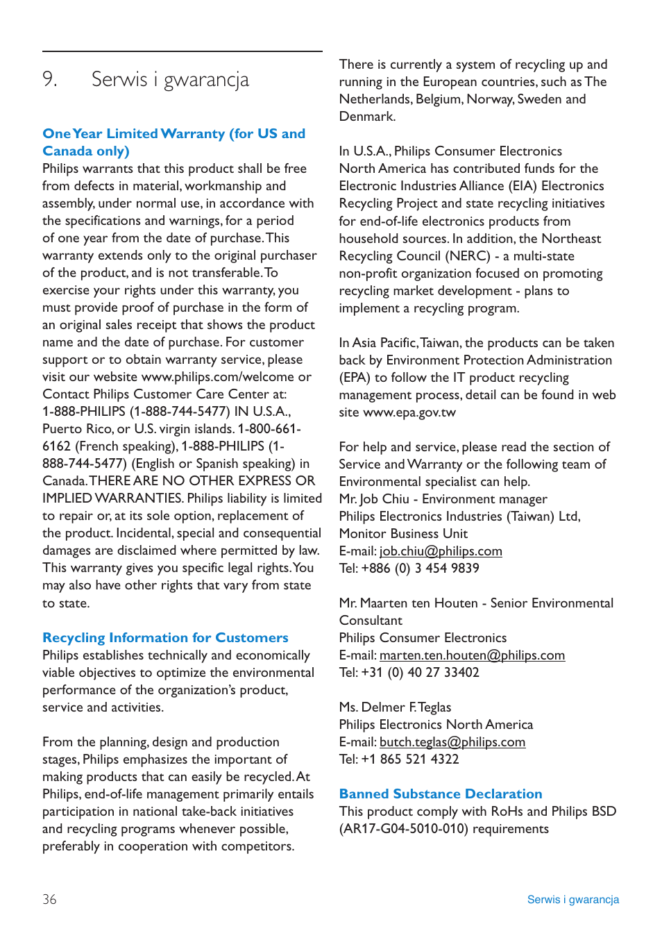 Serwis i gwarancja, One.year.limited.warranty.(for.us.and.ca, Recycling.information.for.customers | Banned.substance.declaration | Philips 8FF3FP  PL User Manual | Page 38 / 43