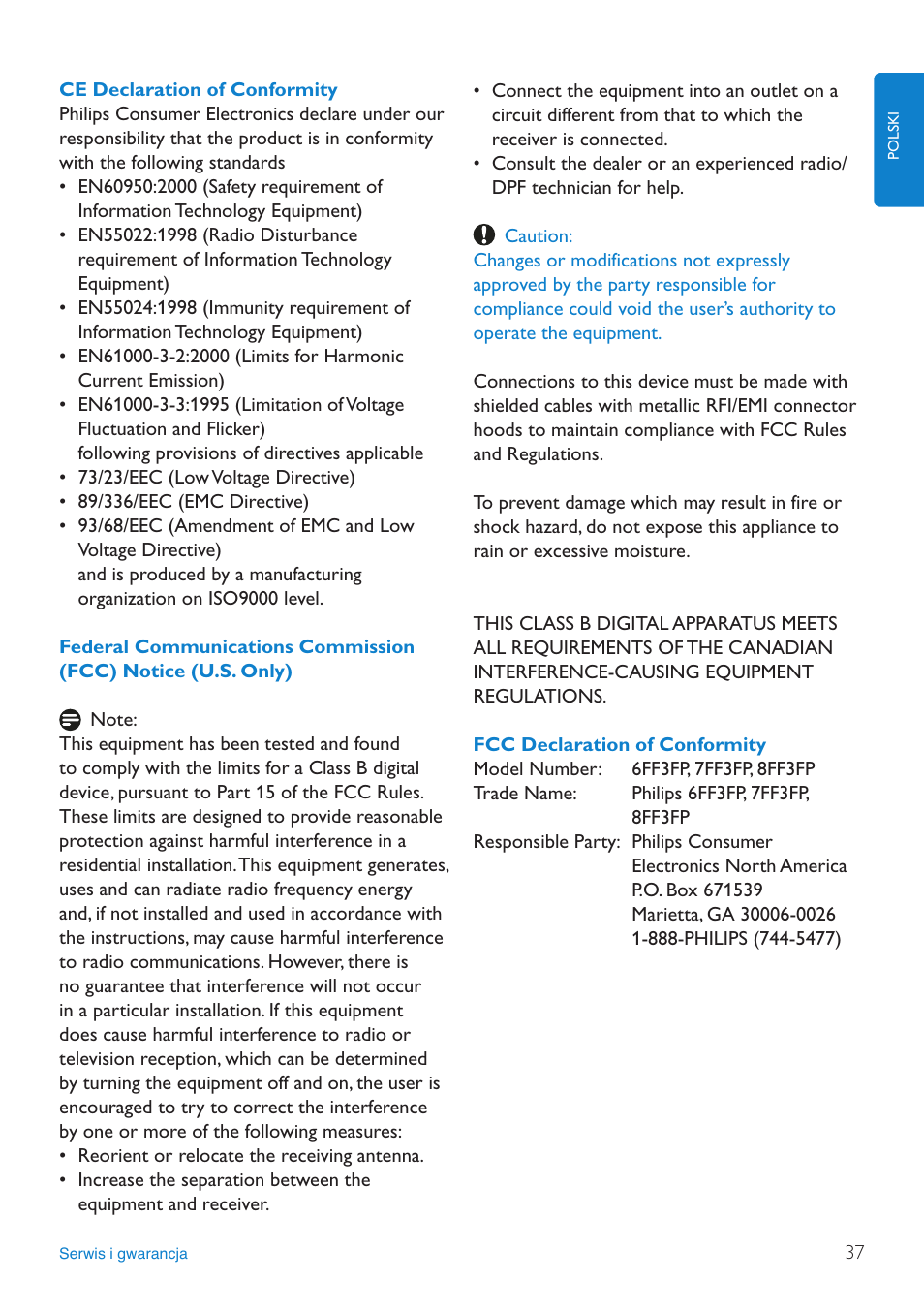 Ce.declaration.of.conformity, Federal.communications.commission.(fcc), Fcc.declaration.of.conformity | Philips 8FF3FP  PL User Manual | Page 39 / 43