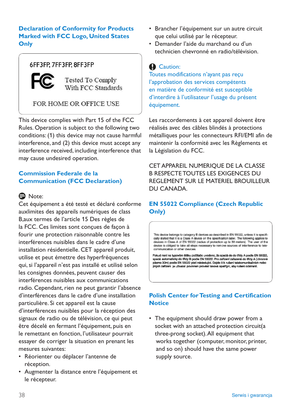 Declaration.of.conformity.for.products.m, Commission.federale.de.la.communication, En.55022.compliance.(czech.republic | Polish.center.for.testing.and.certificat | Philips 8FF3FP  PL User Manual | Page 40 / 43