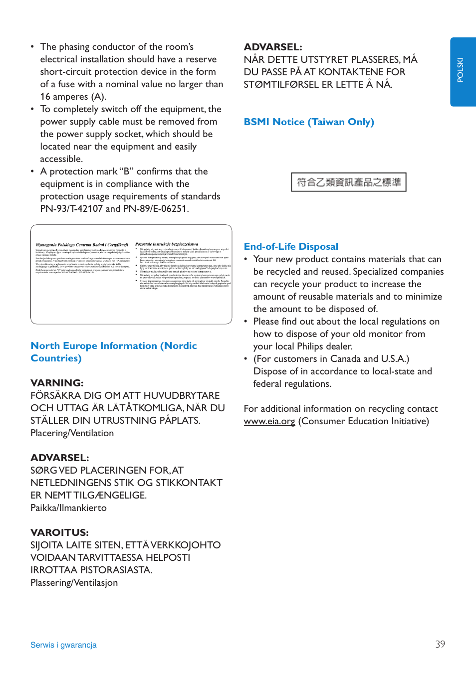 North.europe.information.(nordic.countri, Bsmi.notice.(taiwan.only), End-of-life.disposal | Philips 8FF3FP  PL User Manual | Page 41 / 43