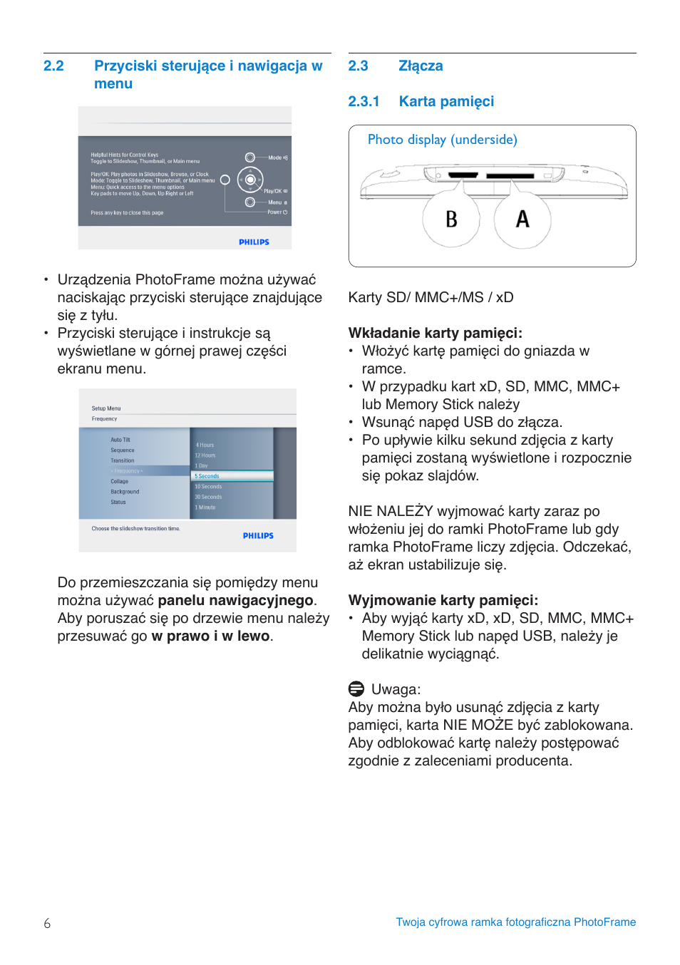 Przyciski.sterujące.i.nawigacja.w, Złącza, Karta.pamięci | Philips 8FF3FP  PL User Manual | Page 8 / 43