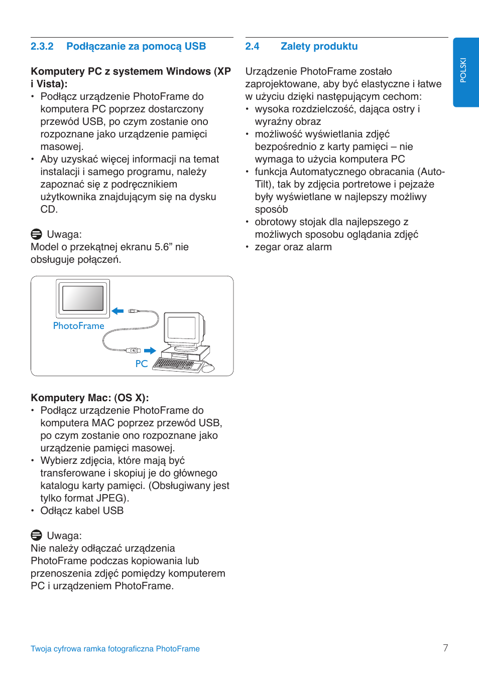 Podłączanie.za.pomocą.usb, Zalety.produktu | Philips 8FF3FP  PL User Manual | Page 9 / 43