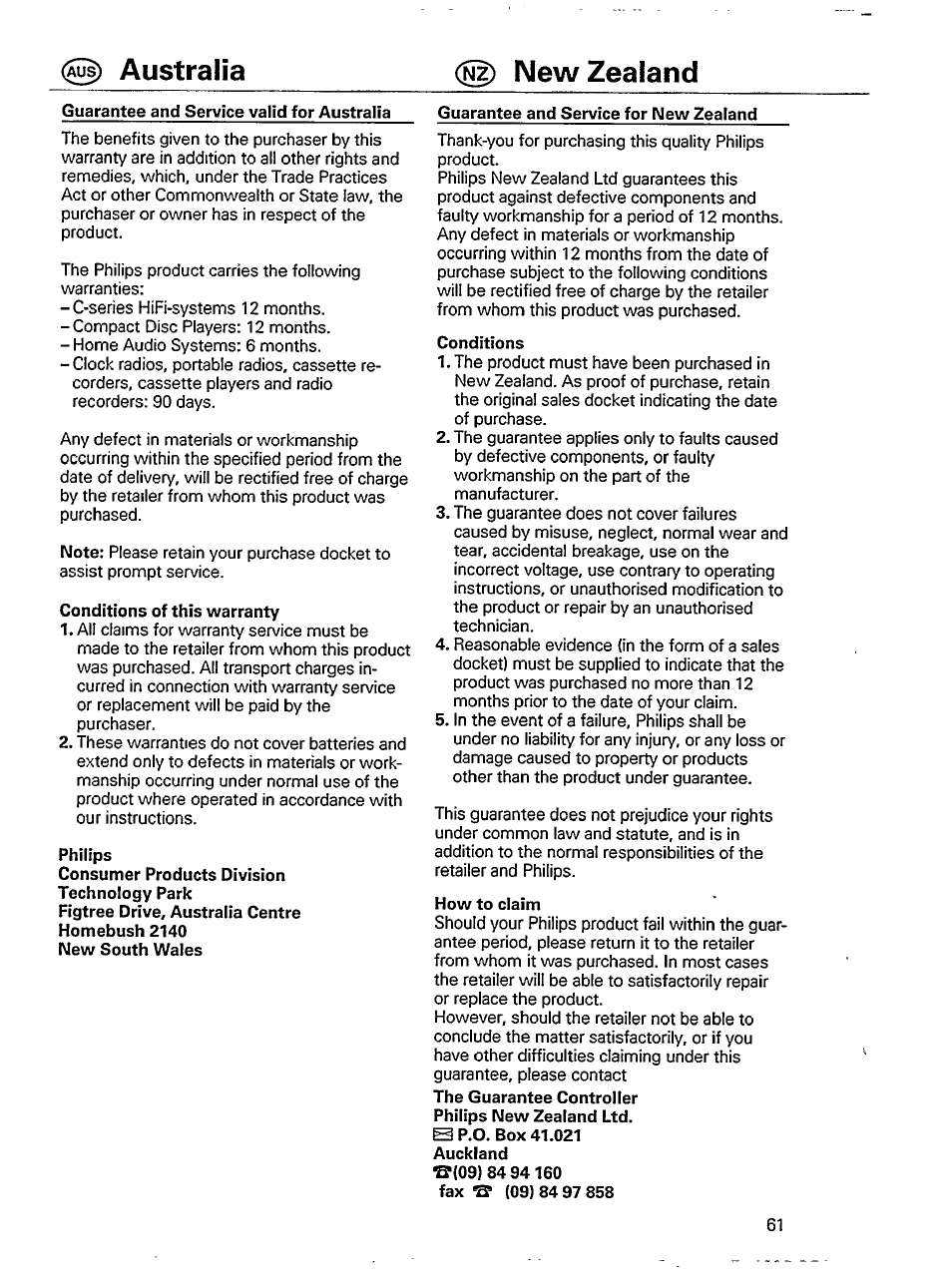 Guarantee and service valid for australia, Conditions of this warranty, Philips | Guarantee and service for new zealand, Conditions, How to claim, Australia new zealand | Philips ND 6600 User Manual | Page 12 / 15