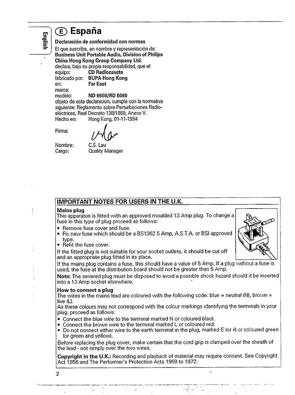 Declaración de conformidad con normas, España | Philips ND 6600 User Manual | Page 2 / 15