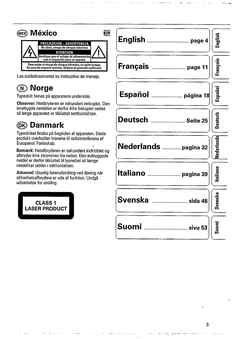 México, Ck) norge, Danmark | English, Français, Español, Deutsch, Nederlands, Italiano, Svenska | Philips ND 6600 User Manual | Page 3 / 15