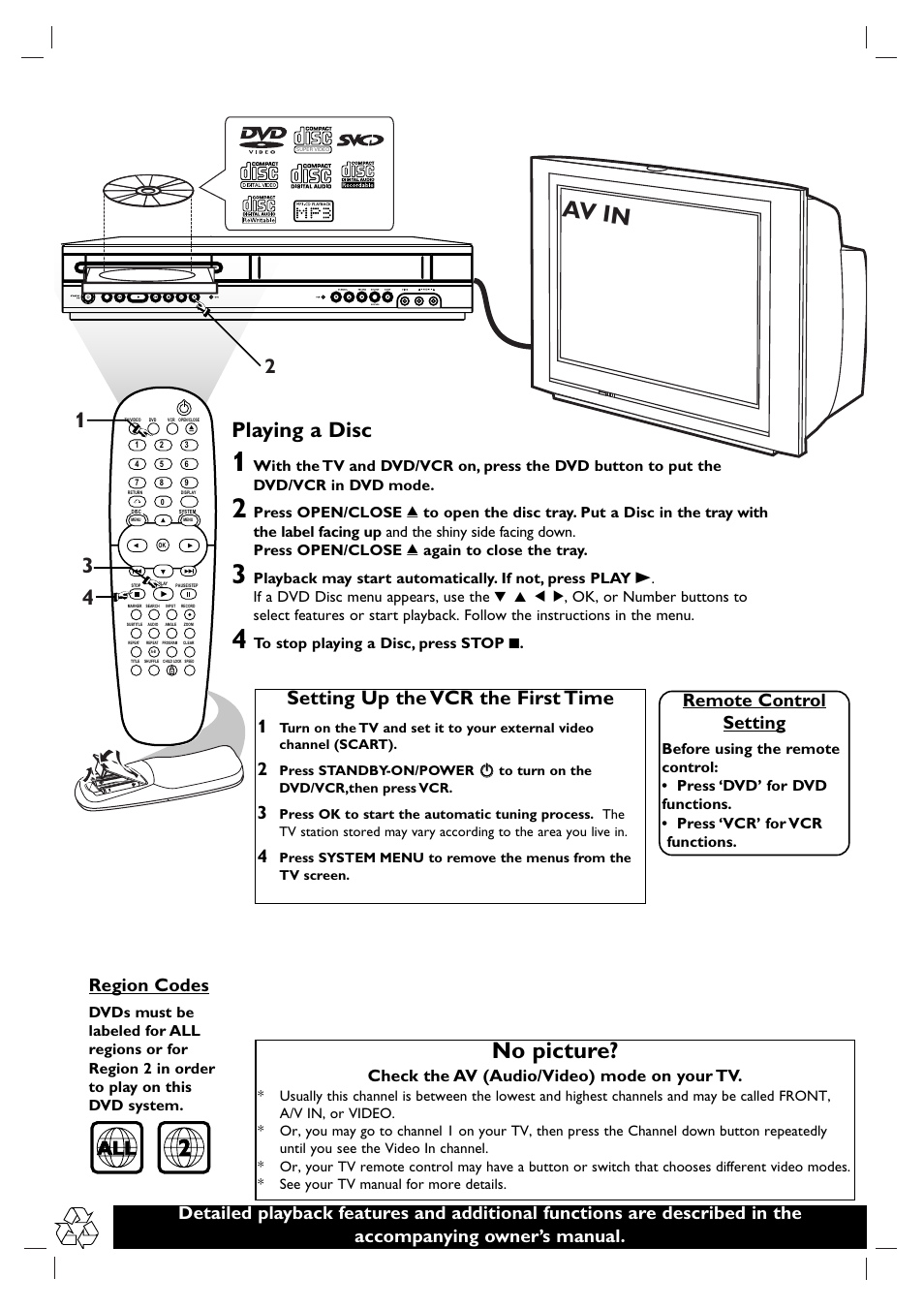 Av in, No picture, 4playing a disc | Setting up the vcr the first time, Remote control setting, Check the av (audio/video) mode on your tv | Philips DVP3055V/05 User Manual | Page 2 / 2