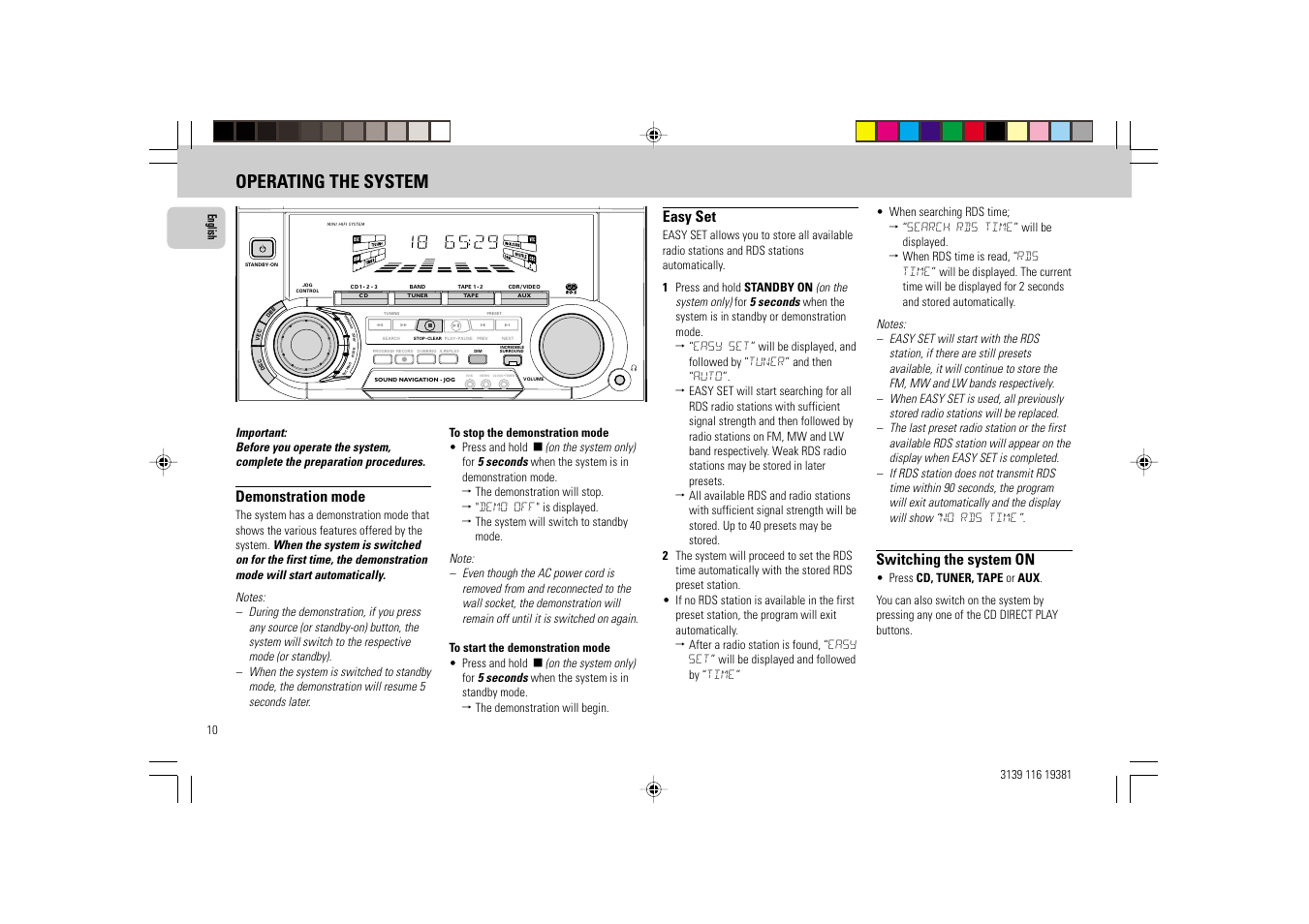 Operating the system, Demonstration mode, Easy set | Switching the system on | Philips FW-C38 User Manual | Page 10 / 24