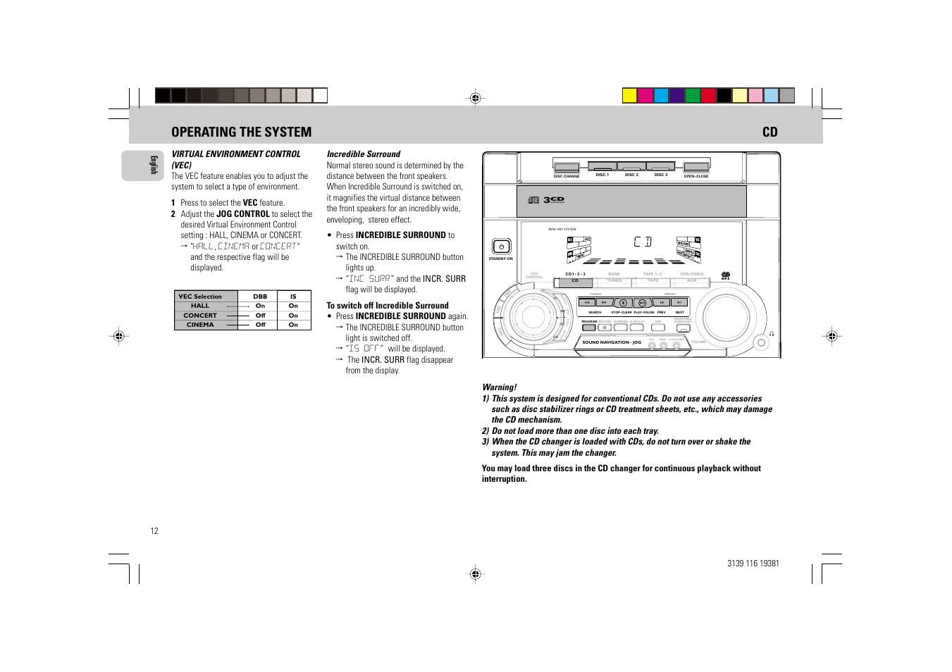 Operating the system cd | Philips FW-C38 User Manual | Page 12 / 24