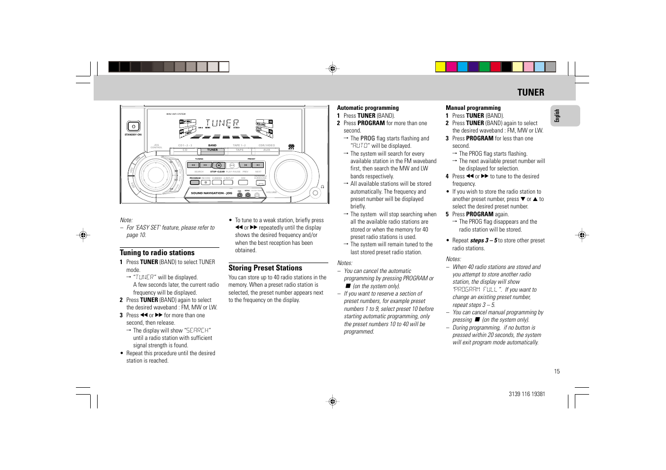 Tuner, Tuning to radio stations, Storing preset stations | Philips FW-C38 User Manual | Page 15 / 24