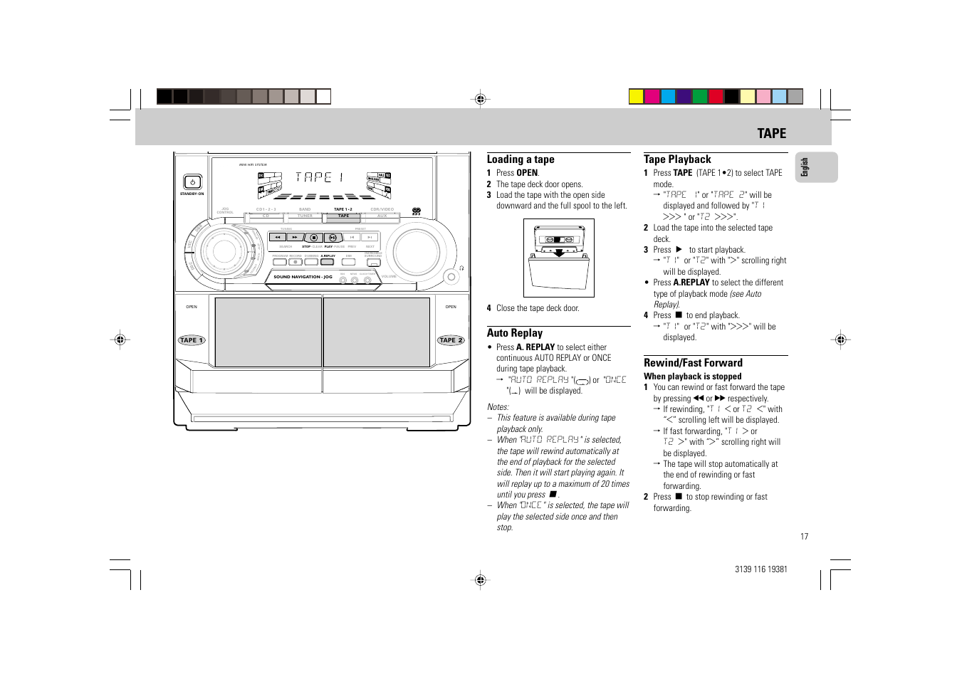 Tape, Loading a tape, Auto replay | Tape playback, Rewind/fast forward | Philips FW-C38 User Manual | Page 17 / 24