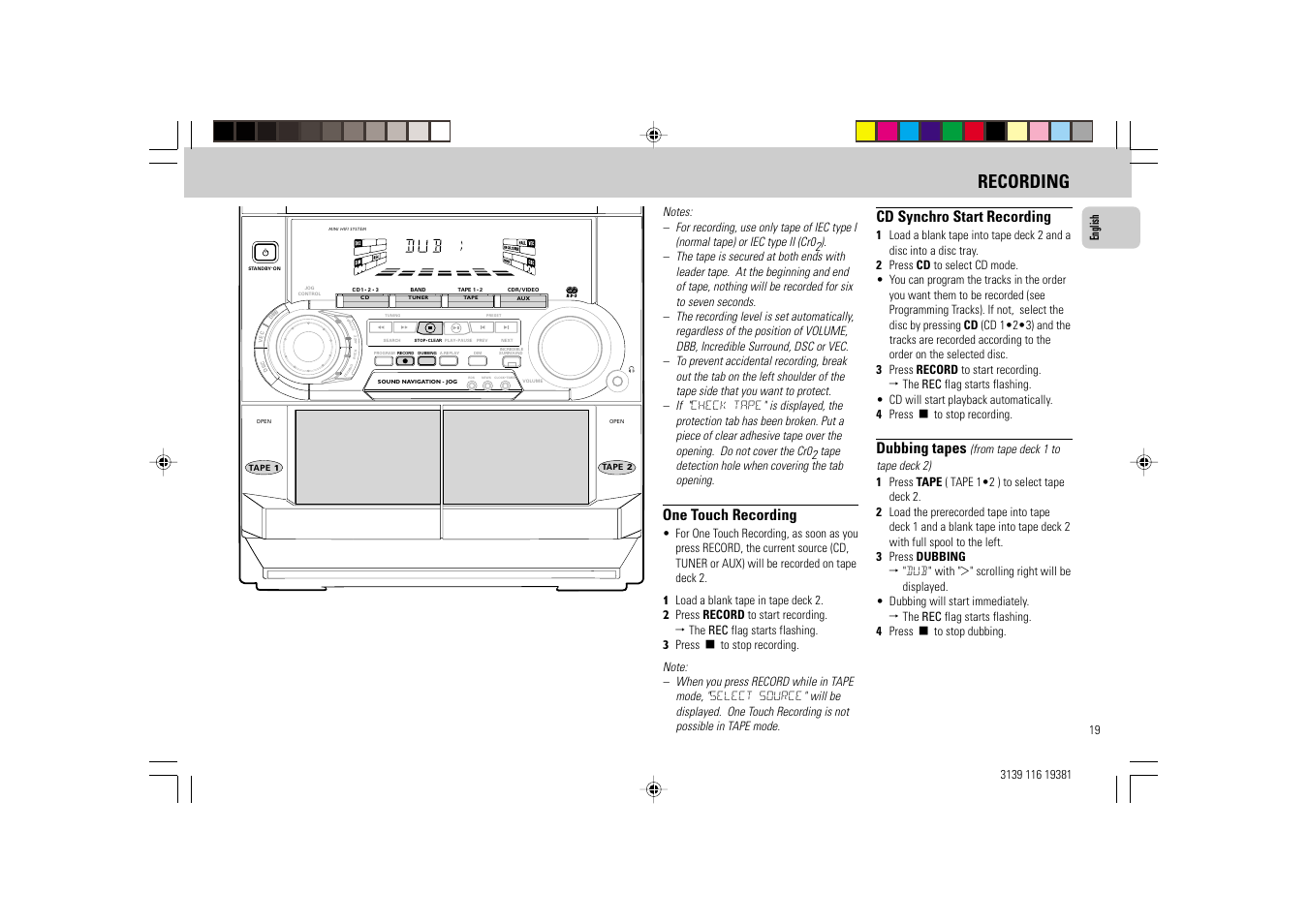 Recording, One touch recording, Cd synchro start recording | Dubbing tapes | Philips FW-C38 User Manual | Page 19 / 24