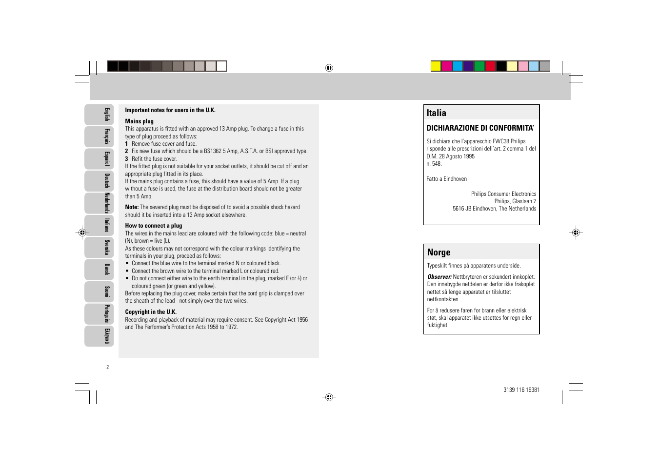 Norge, Italia | Philips FW-C38 User Manual | Page 2 / 24