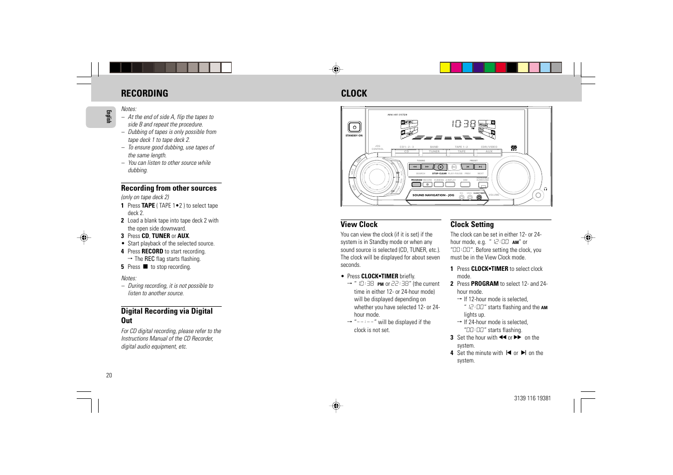 Recording clock, Recording from other sources, Digital recording via digital out | View clock, Clock setting | Philips FW-C38 User Manual | Page 20 / 24