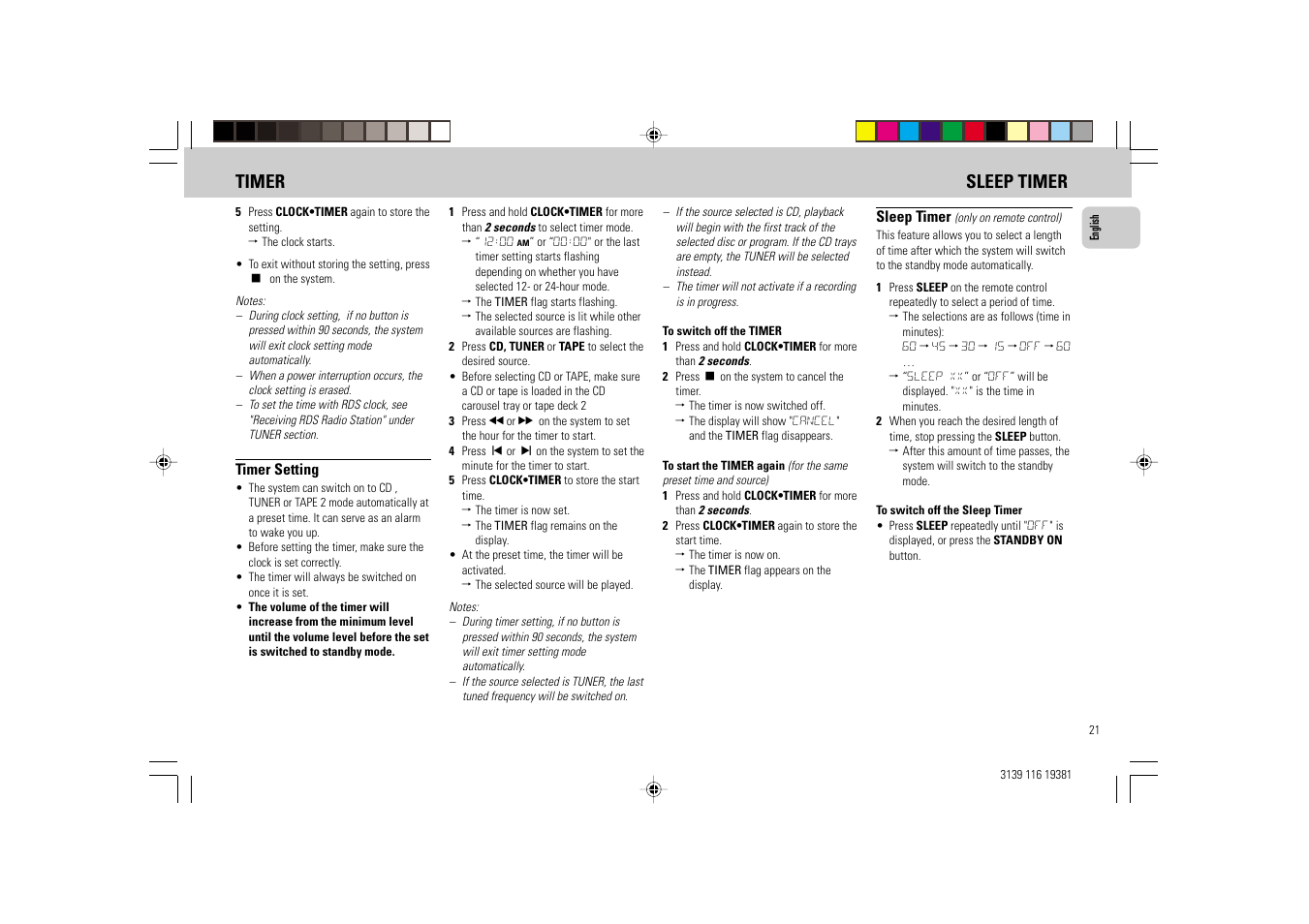 Timer sleep timer | Philips FW-C38 User Manual | Page 21 / 24