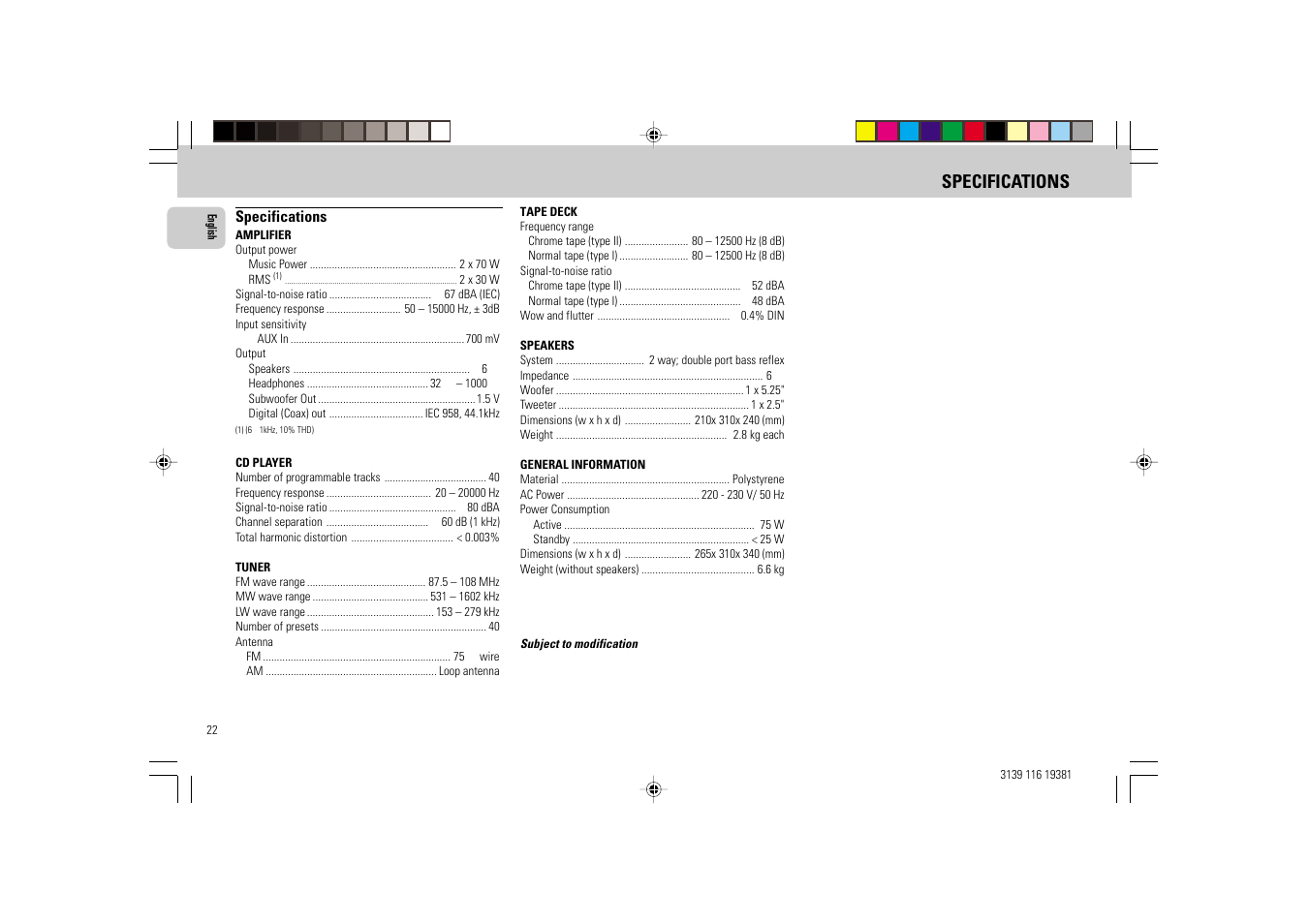 Specifications | Philips FW-C38 User Manual | Page 22 / 24