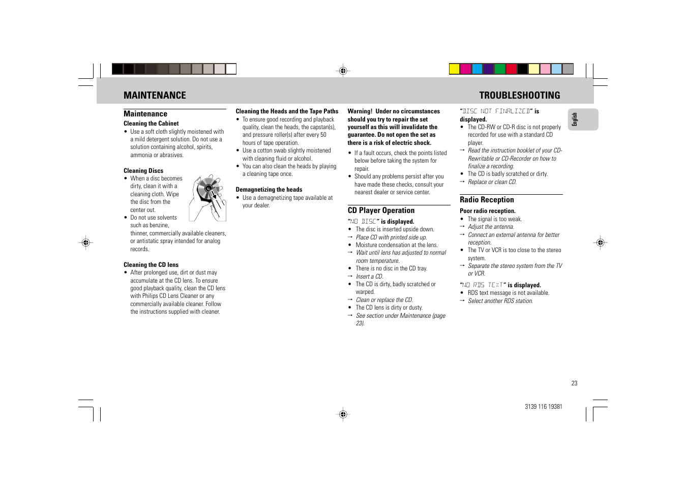 Maintenance troubleshooting | Philips FW-C38 User Manual | Page 23 / 24