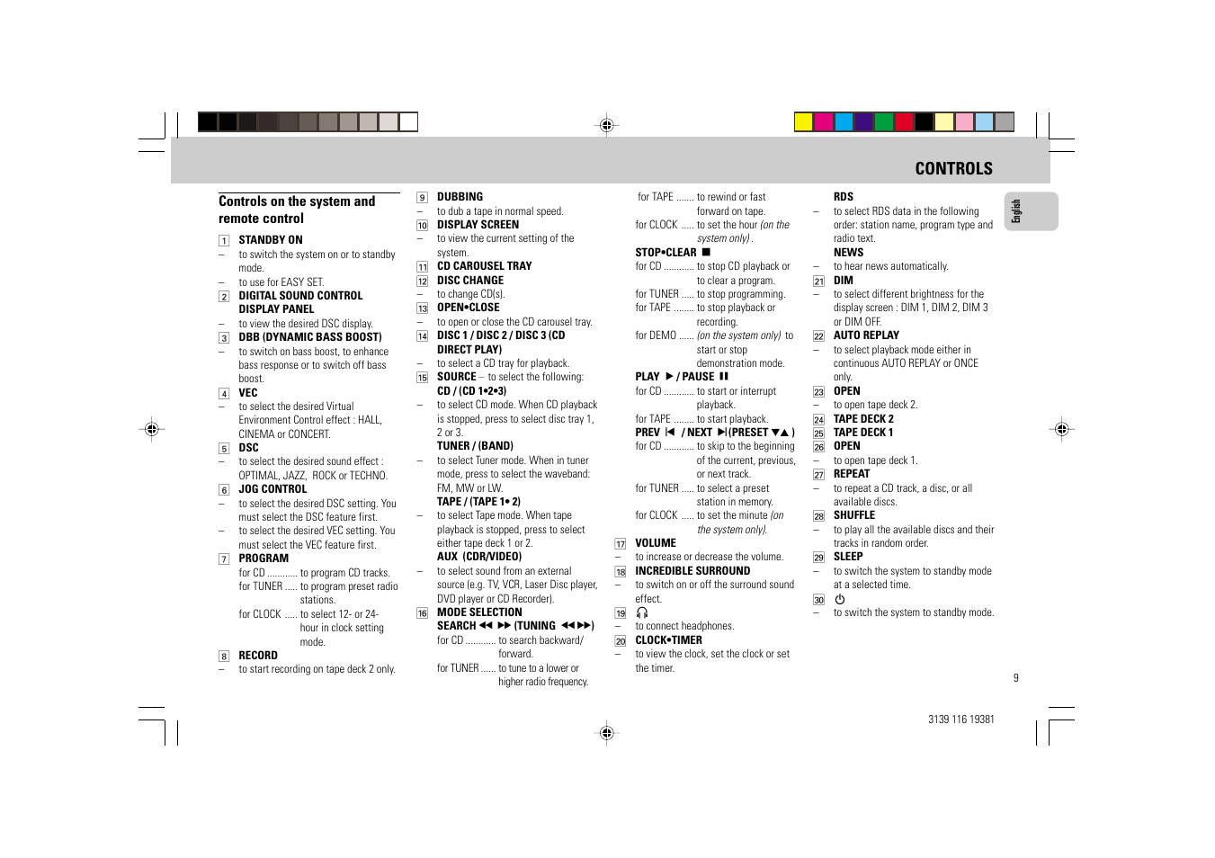 Controls | Philips FW-C38 User Manual | Page 9 / 24