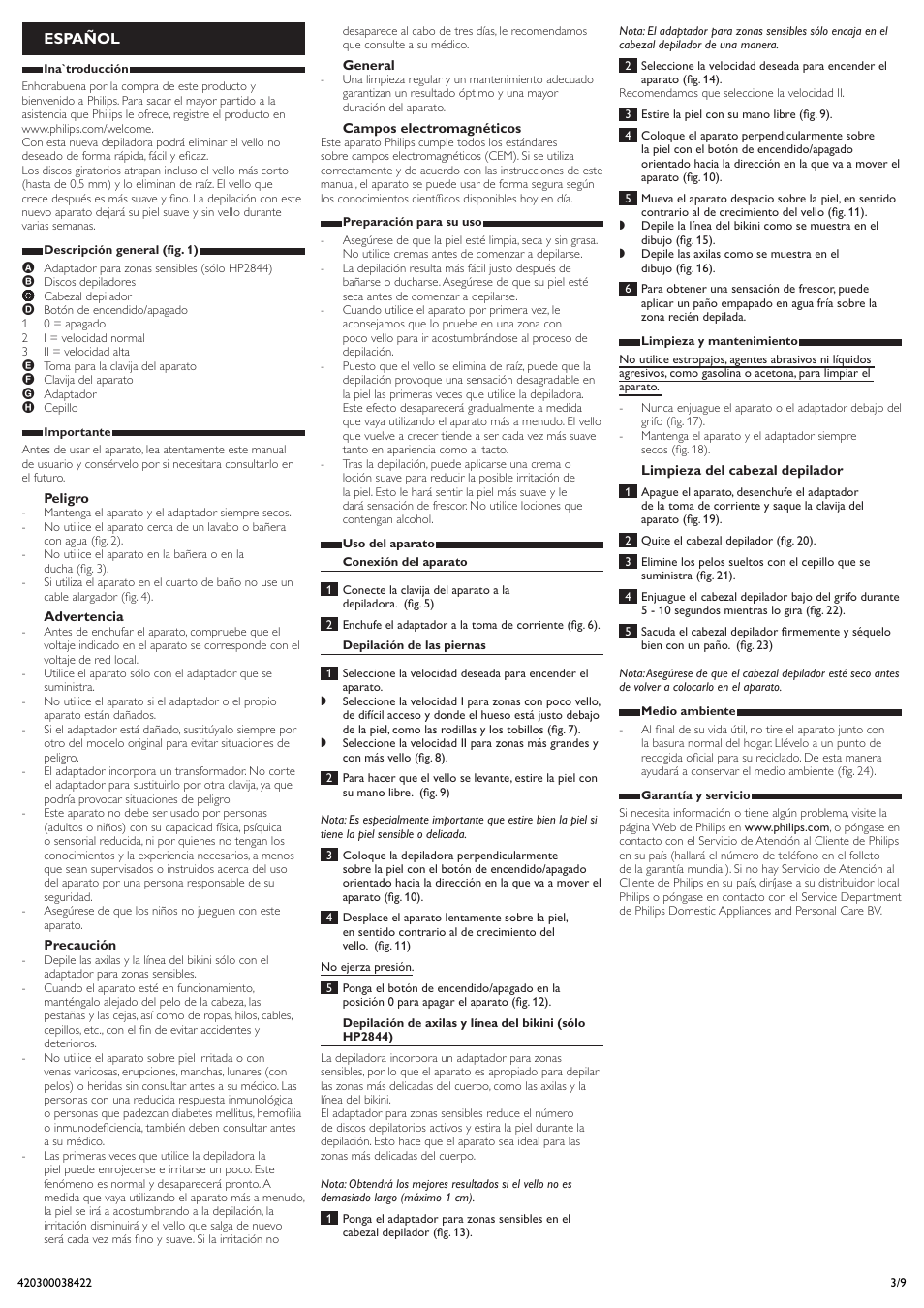 Español | Philips HP2844 User Manual | Page 3 / 9