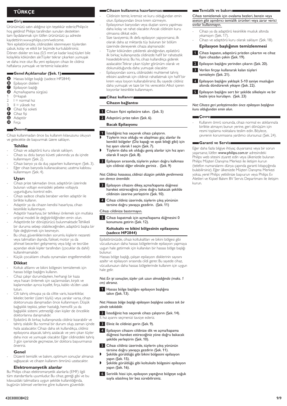 Türkçe | Philips HP2844 User Manual | Page 9 / 9