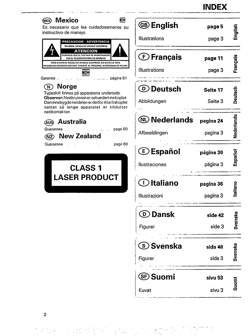 Index, Ü) english, Cz) français | Deutsch, Español, Italiano, Dansk, Svenska, Nederlands, Suomi | Philips AK 640 User Manual | Page 2 / 16