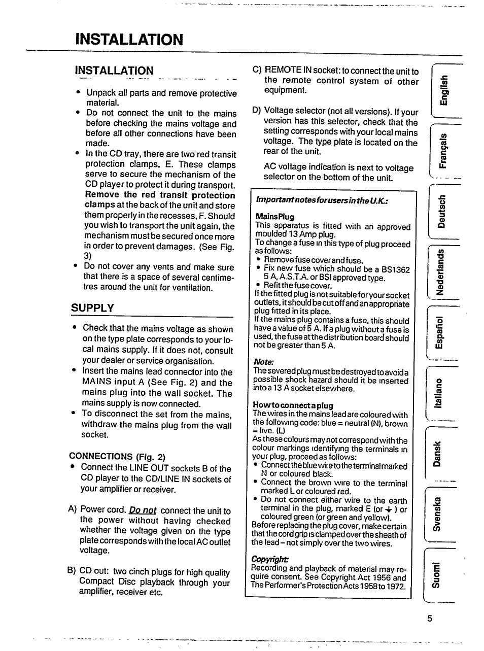 Installatlon, Installation, Supply | Philips AK 640 User Manual | Page 5 / 16