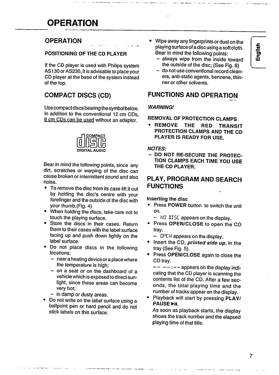Operation, Compact discs (cd), Functions and operation | Play, program and search functions, Inserting the disc | Philips AK 640 User Manual | Page 7 / 16