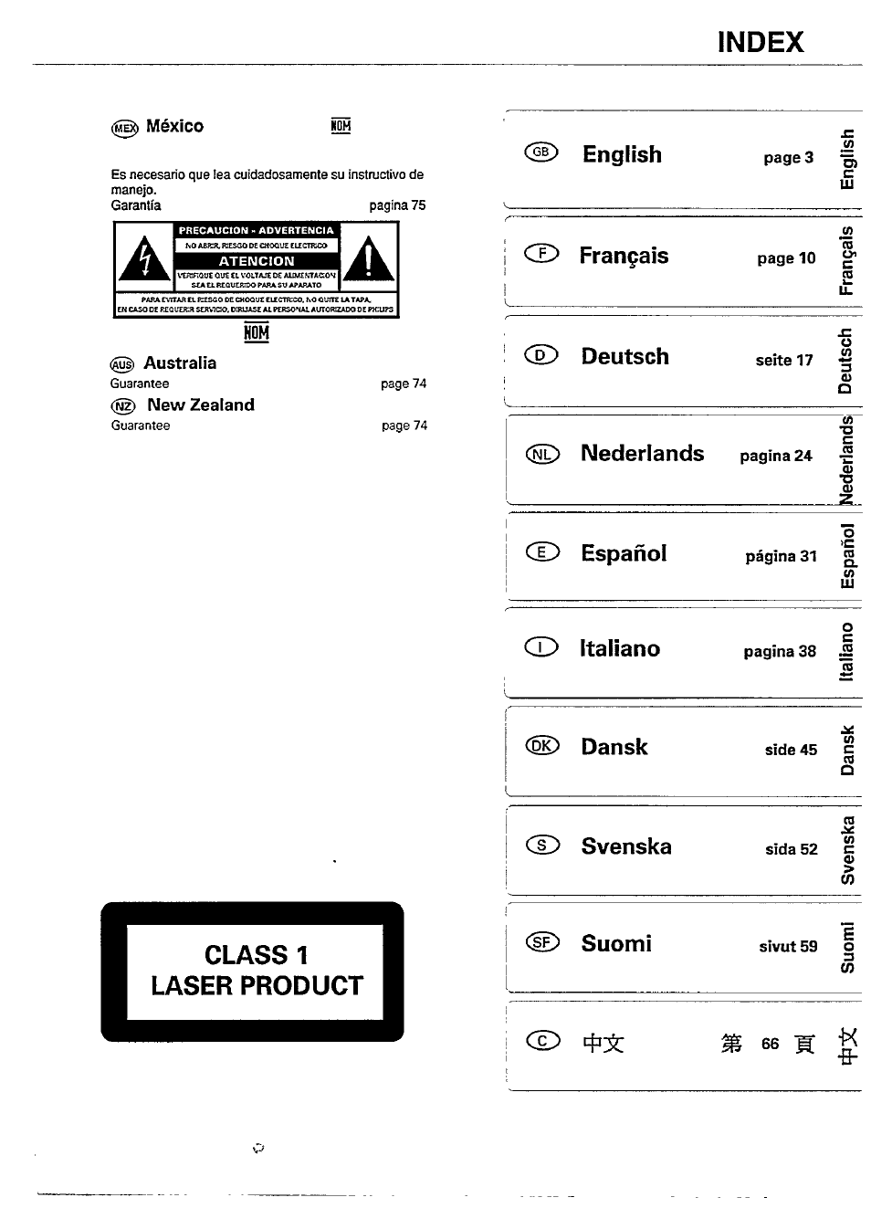 México, C§e) english, Cd français | Cd deutsch, Cd italiano, Dansk, Cd svenska, De> suomi, 66 w, Index | Philips CD163 User Manual | Page 2 / 12