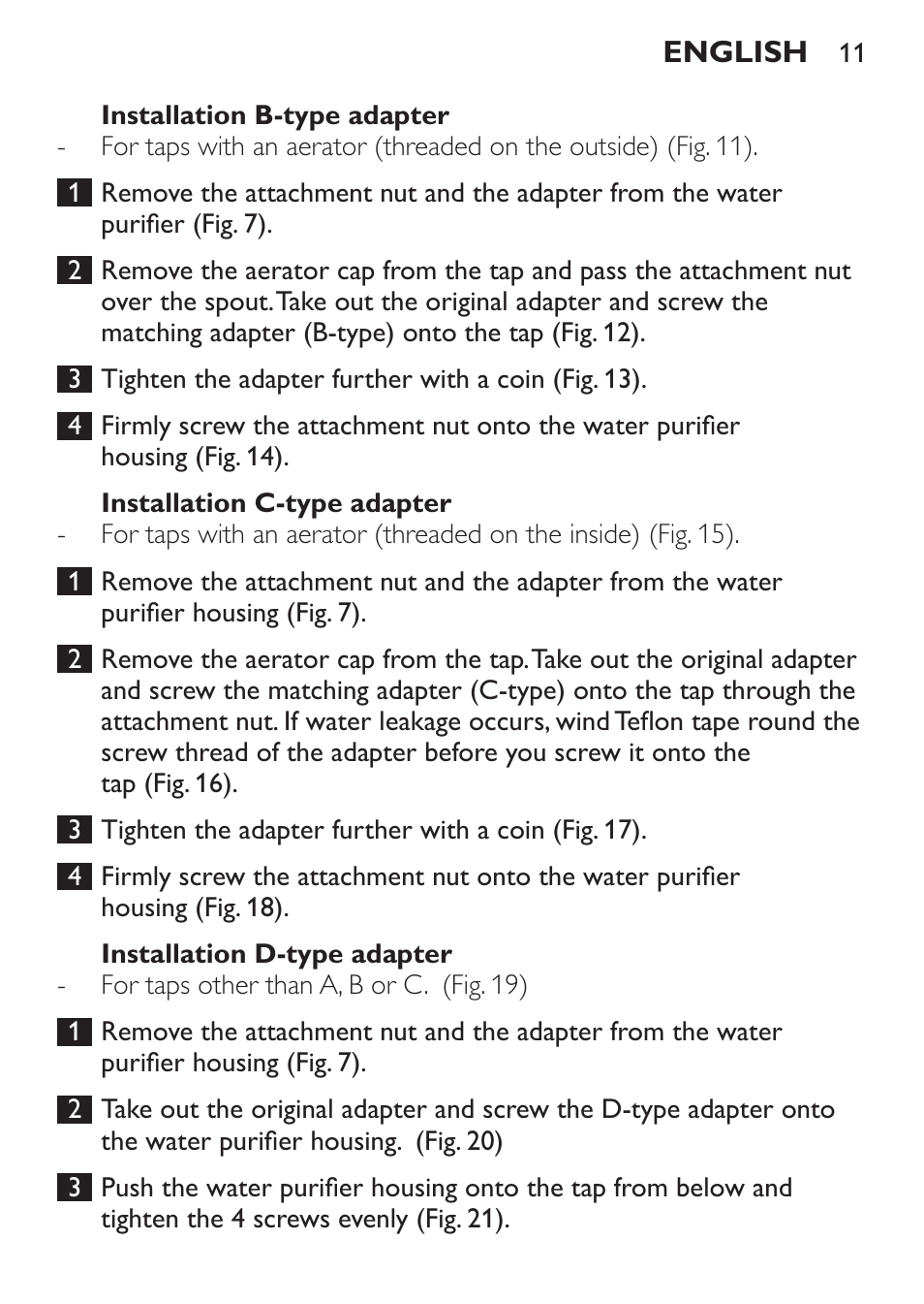 Installation b-type adapter, Installation c-type adapter, Installation d-type adapter | Philips WP3820 User Manual | Page 11 / 44