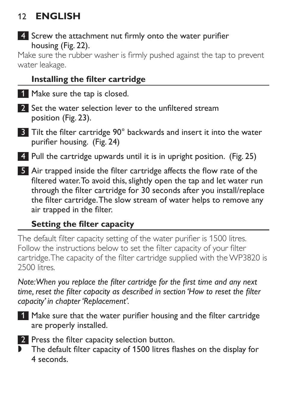 Installing the filter cartridge, Setting the filter capacity | Philips WP3820 User Manual | Page 12 / 44