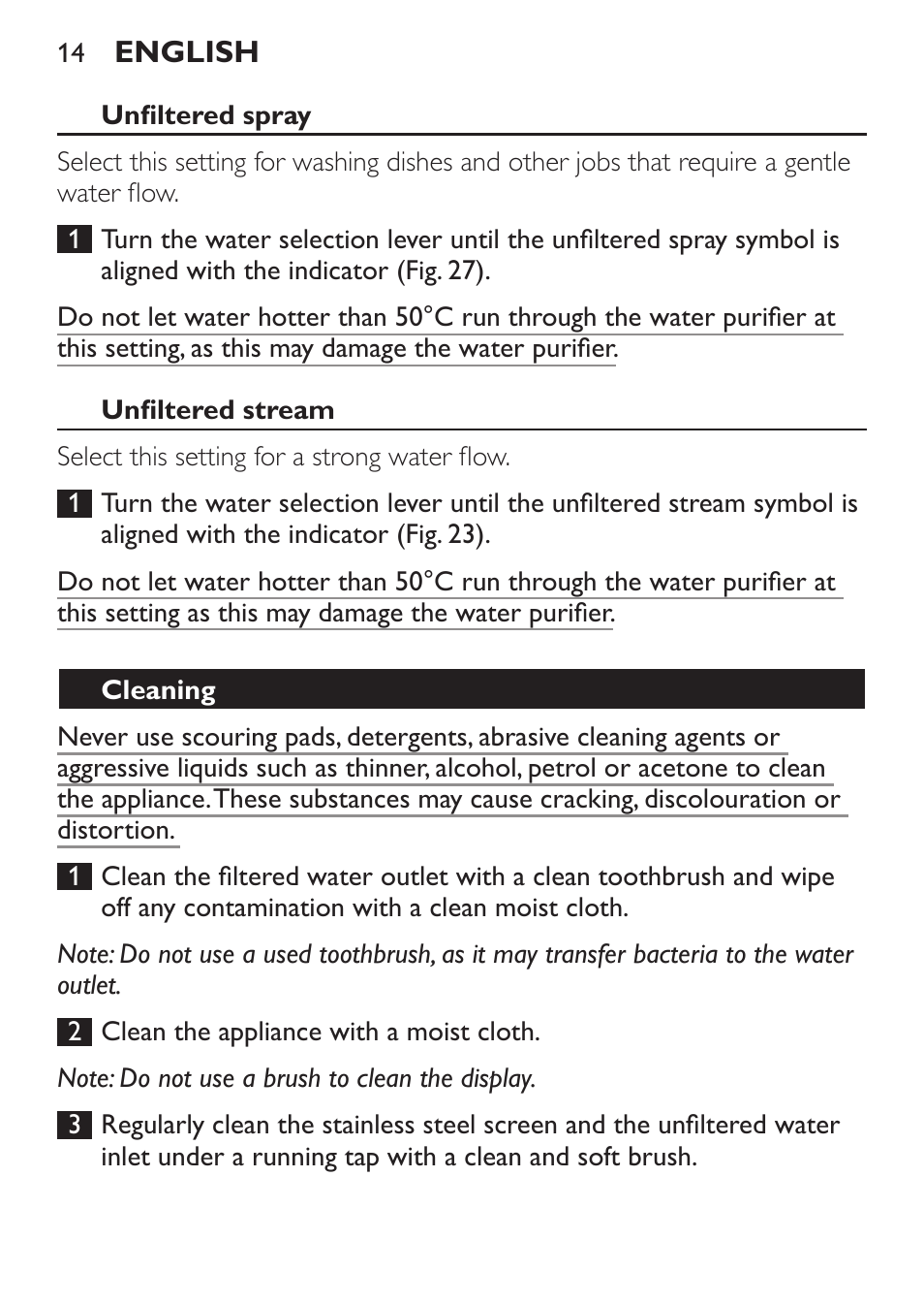 Unfiltered spray, Unfiltered stream, Cleaning | Philips WP3820 User Manual | Page 14 / 44