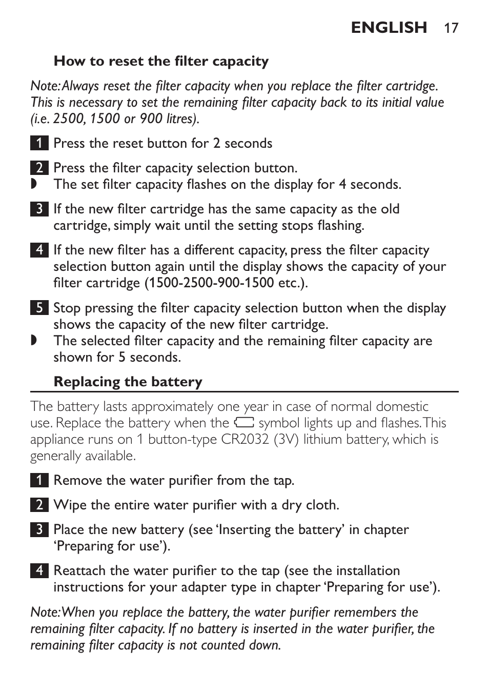 How to reset the filter capacity, Replacing the battery | Philips WP3820 User Manual | Page 17 / 44