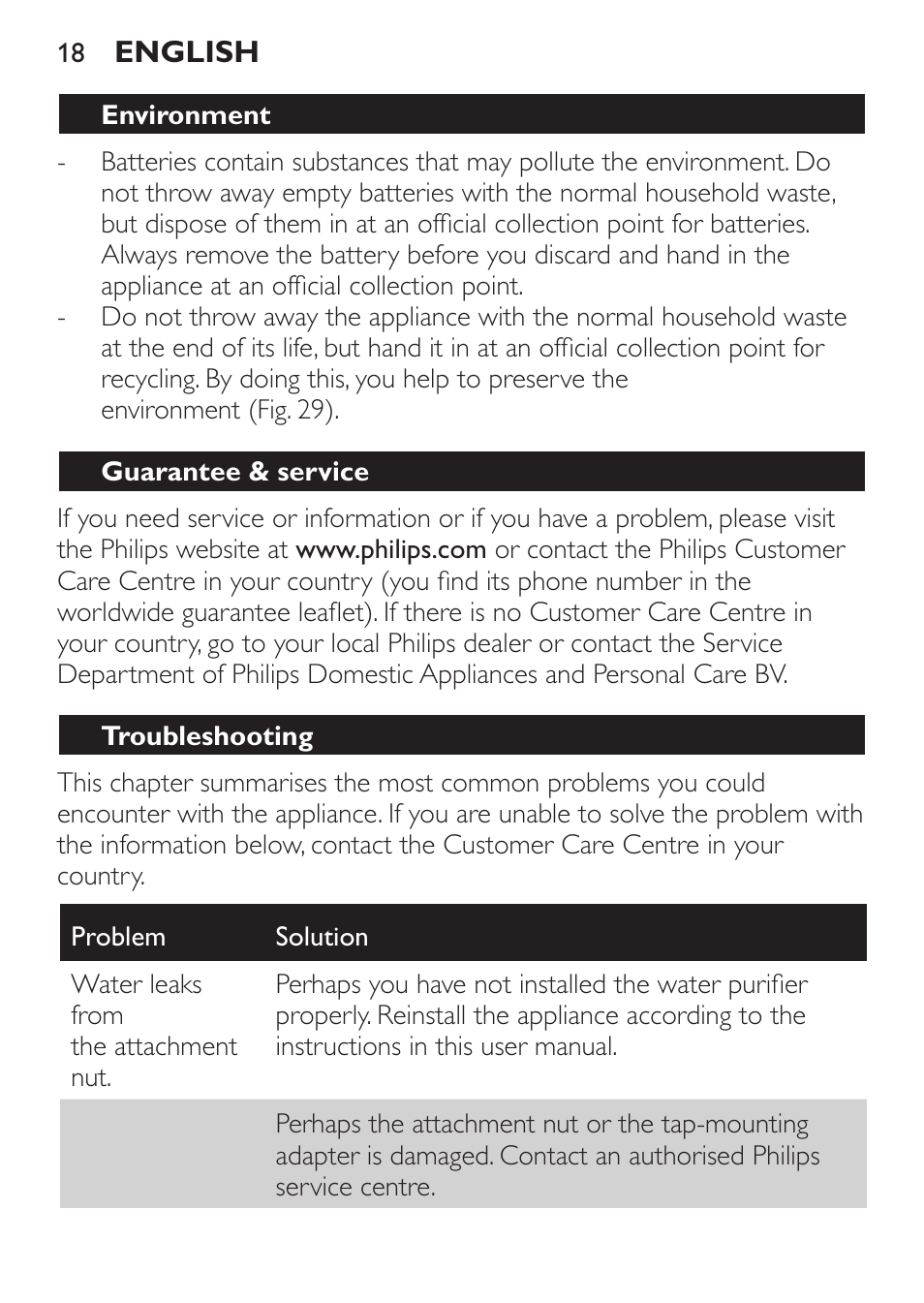 Environment, Guarantee & service, Troubleshooting | Philips WP3820 User Manual | Page 18 / 44